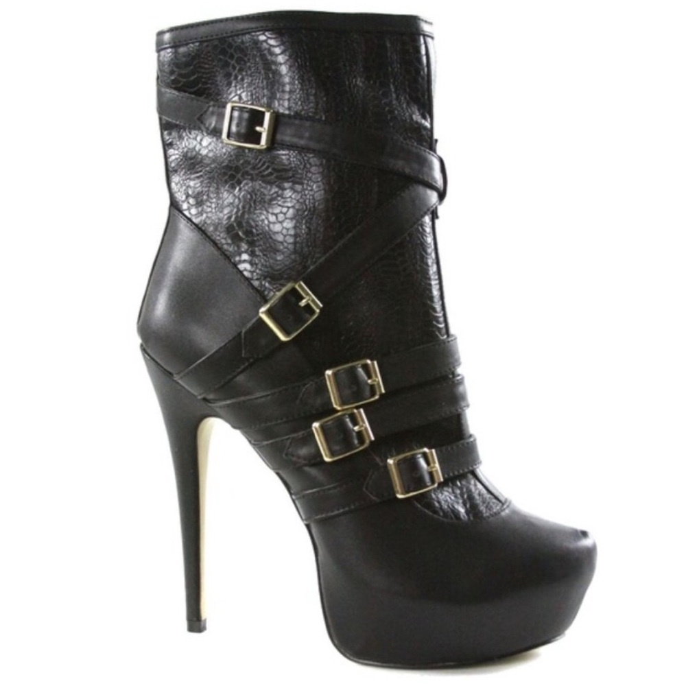 NIB Bebe Tabitha Ankle Platform Strappy Buckled Booties Black Size 10